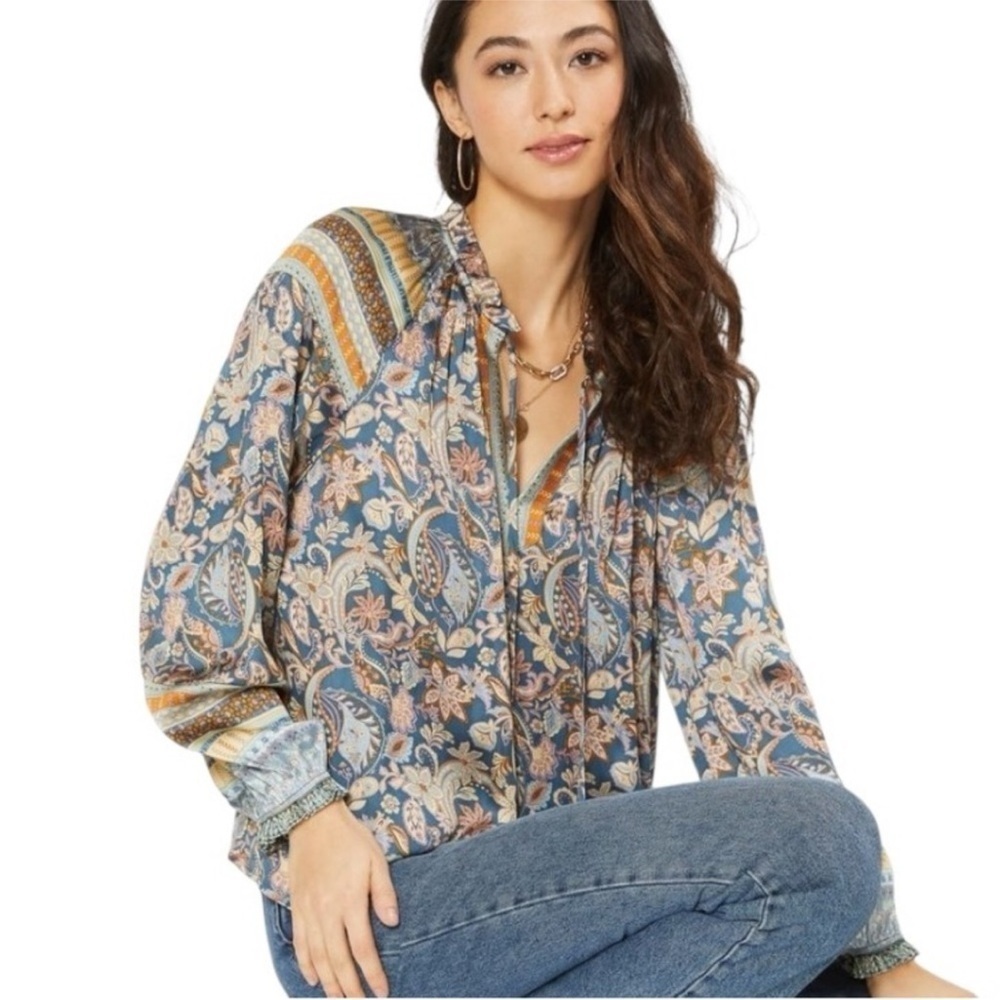 Current Air Paisley Floral Border Print Tie Neck Blouse Large Ruffle